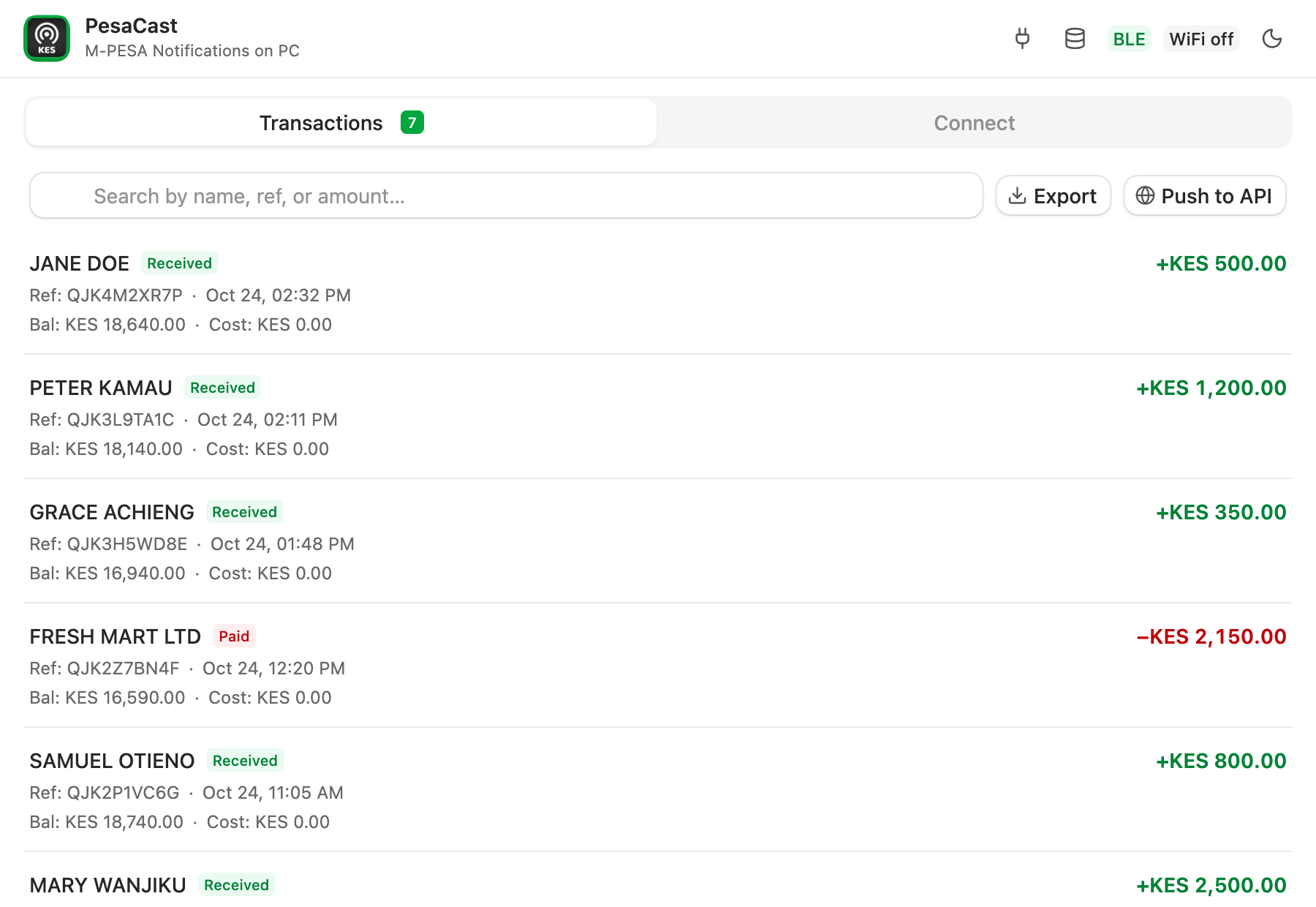 The PesaCast desktop app showing a list of M-PESA payments: name, reference, time, balance and amount, with Export and Push to API buttons.